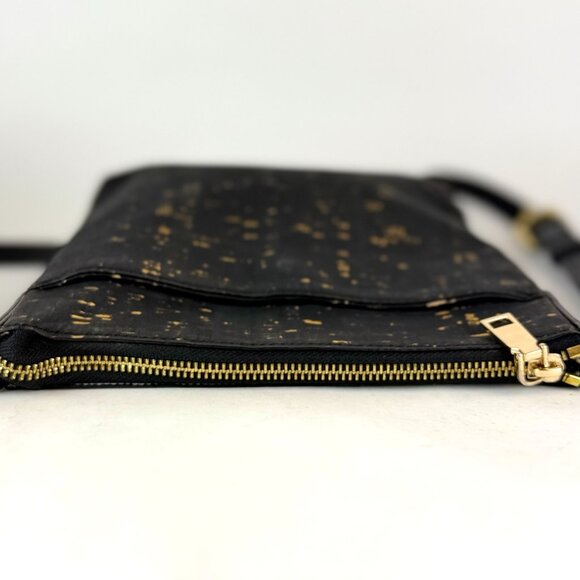QUEORK Black Cork Crossbody Bag with Gold Flecks, Vegan Leather, Striped Lining - Picture 6 of 11